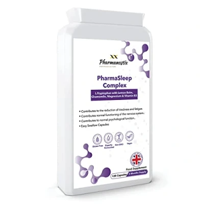Image of PharmaSleep Complex 120 Vegan Capsules L Tryptophan 220mg with Added Magnesium Glycinate, Niacin, Vitamin B6, Lemon and Chamomile Extract Natural Alternative to Melatonin 4 Months’ Supply UK
