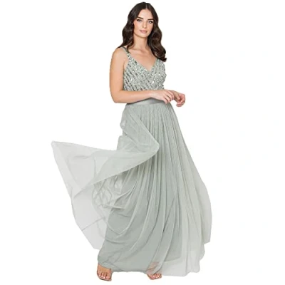 Image of Maya Deluxe Women&#039;s Ladies Maxi Dress Long Length Wedding Guest Bridesmaid Prom Summer Evening Gown V Neck Straps Bow Tie, Green Lily, 16