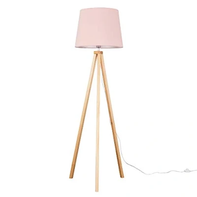 Image of MiniSun Modern Light Wood Tripod Design Floor Lamp with a Pink Tapered Shade Complete 6w LED GLS Bulb [3000K Warm White]