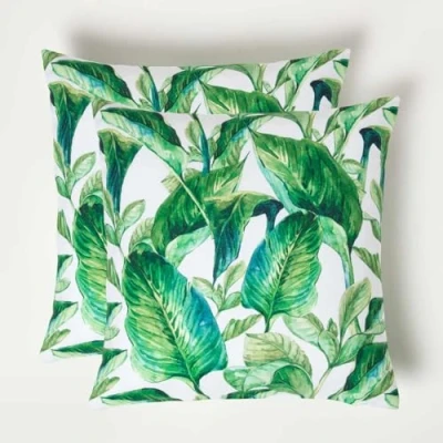 Image of HOMESCAPES Set of 2 Filled Tropical Outdoor Cushions 45 x cm Water Resistant Garden Cushion Microfibre Pad Included Decorative Green Banana Leaves for Seating Patio Sofas &amp; Benches