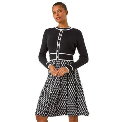 Image of Roman Button Detail Knitted Midi Dress for Women UK Ladies Autumn Everyday Winter Holiday Round Neckline Comfy Long Sleeve Soft Fit &amp; Flare Frock Dinner Office Gowns Black Size 18