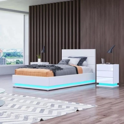 Image of Bed Frame, 5FT Ottoman with LED Light, Gas Lift Frame Storage, Faux Leather King for Bedroom Living Room Home Furniture, White