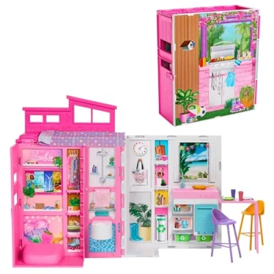 Image of Barbie Doll House Playset, Getaway with 4 Play Areas Including Kitchen, Bathroom, Bedroom and Lounge, 11 Decor Accessories, HRJ76