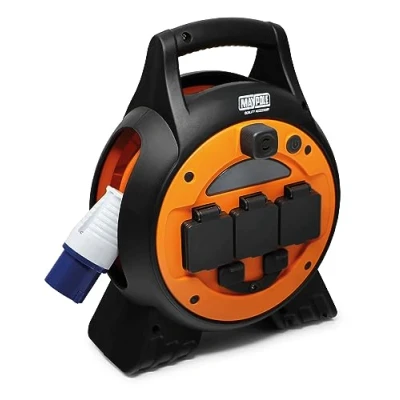 Image of Maypole 230V 10A Mobile Mains Roller Power Unit with USB and Built in LED Light for Caravans, Camping, Campervans, Motorhomes, Orange