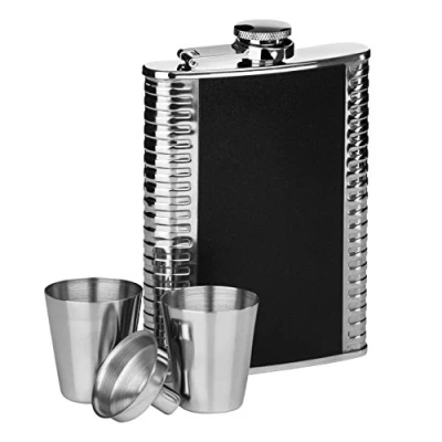 Image of Premier Housewares 508081 Ribbed Stainless Steel Hip Flask Set, 8 oz Black H14 x W10 D3cm