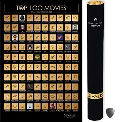 Image of Divalis Top 100 Movies Scratch Off Poster Easy to Frame Bucket List of Greatest Films Watch Scratchable Cinema Checklist Must See Movie Challenge