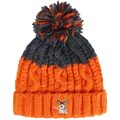 Image of TeddyT&#039;s Adult Unisex Winter Stag Fleece Lined Chunky Cable Knit Bobble Hat (Orange and Dark Grey)