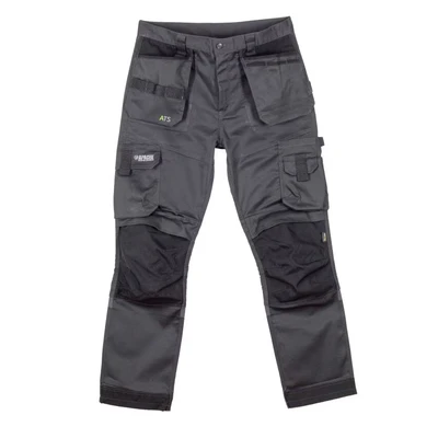 Image of Apache Workwear Men&#039;s Site Trouser ATS 3D Stretch Holster Grey/Black 31L x 32W Cordura Side Cargo Pocket Low Rise Comfort Waist Reinforced Hem Knee Pad and Phone