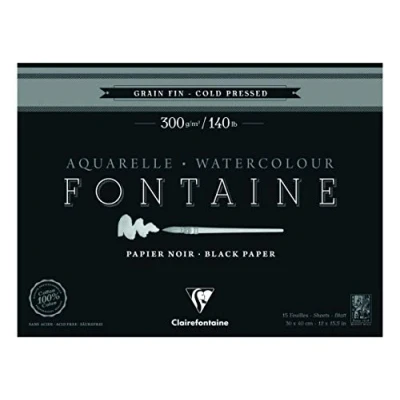 Image of Clairefontaine Ref 975305C Fontaine Cold Pressed Black Watercolour Pad (15 Sheets) 30 x 40cm Size, 300gsm Paper Suitable for Artwork