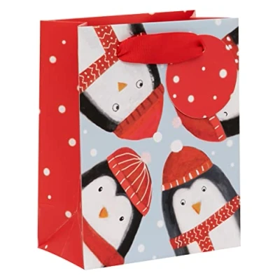 Image of Glick Luxury Gift Bag for Christmas, Small Xmas, Cosy Penguins, Red &amp; Multicoloured