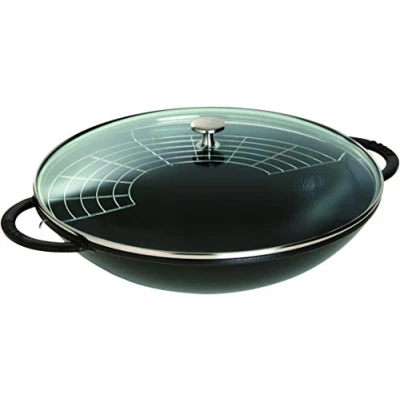 Image of Staub Cast Iron Wok, including Glass Lid and Removable Grid Insert, Suitable for Induction, Ø 37 cm, 5.7 L, Black