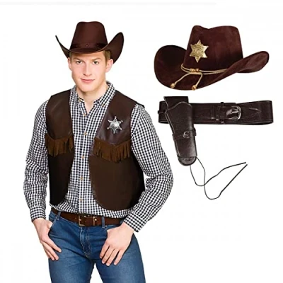 Image of Mens Deluxe Sheriff Hat + Cowboy Brown Waistcoat Holster : Adult Wild West Fancy Dress Accessory Set