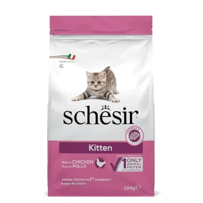 Image of Schesir, Dry Food for Cats Puppies with Unique Protein Source Chicken Flavour, Croquettes Bag Size 1.5 kg