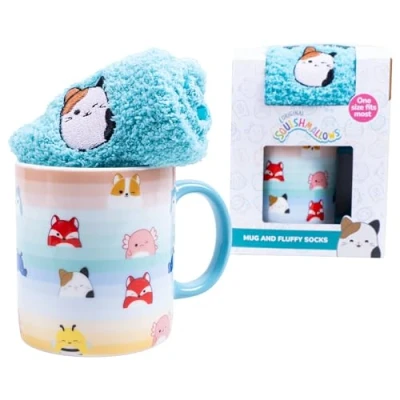 Image of Fizz Creations Squishmallows Mug &amp; Fluffy Socks Set. 330ml Capacity Non Slip Cam The Cat Size 4 to 7. Officially Licensed Merchandise.