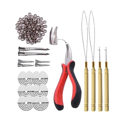 Image of Hair Extensions Tools Kit: I Tip Pliers, Pulling Needle, Loop Threader and 200 Pieces 5.0mm Silicone Extension Rings Beads Links (Brown)