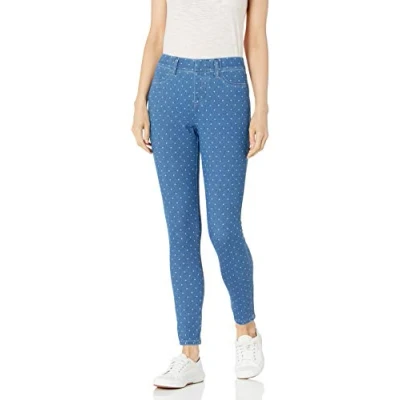 Image of Amazon Essentials Women&#039;s Pull On Stretchy Knit Jegging (Available in Plus Size), Indigo Wash White Dots, L Short