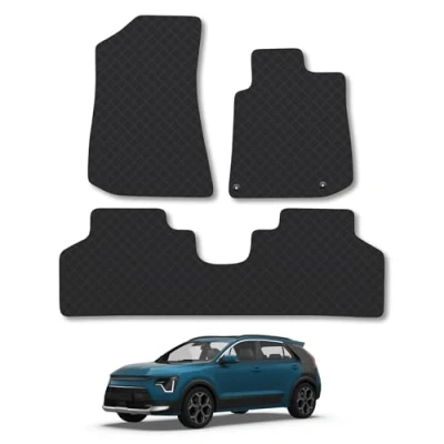 Image of Rubber Car Mats Compatible with Kia Niro EV (2022 ) Tailored Fit Floor Set Accessory Black Custom 4 Pieces Clips Anti Slip Backing, Heavy Duty &amp; Waterproof