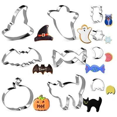 Image of Halloween Cookie Cutters, Joyoldelf 6 Piece Biscuit Cutter Pumpkin, Bat, Ghost, Cat, Witch Hat, Candy for Kids Stainless Steel