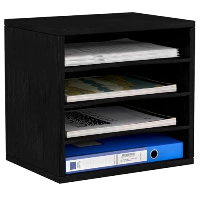 Image of EasyPAG Wood Desktop 4 Tier A4 in Tray Office Desk Tidy File Holder Paper Organiser Magazine Storage Filing Rack,Black