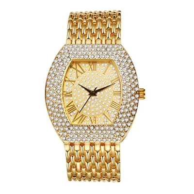 Image of JewelryWe Men Women Watches Gold Tone Alloy Quartz Watch Stylish Rhinestone Business Casual Dress Wristwatches for Father&#039;s Day