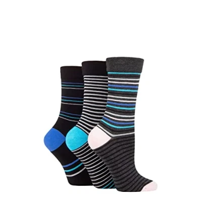 Image of SockShop Ladies Gentle Bamboo Socks with Smooth Toe Seams In Plains and Stripes Pack of 3 (Black/Grey Stripe, 4 8)