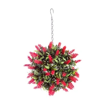 Image of Best Artificial Lush Red Long Leaf Lavender Hanging Flower Ball Topiary Grass **UV Fade Protected** (24cm)