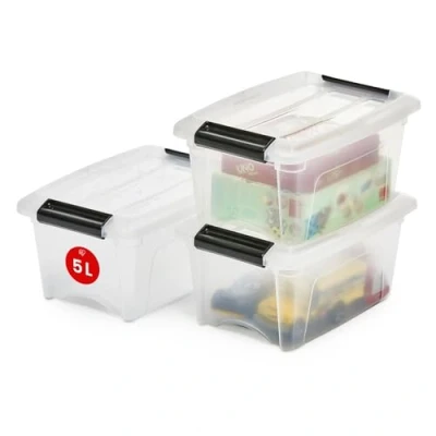 Image of Iris Ohyama Storage Boxes with Lids, 5L, Set of 3, Clear, Secure Buckles, Stackable, Pull Handles, For Bedroom, Closet, Office, Organisation, BPA Free Plastic, Clothes Tote, NTB 5