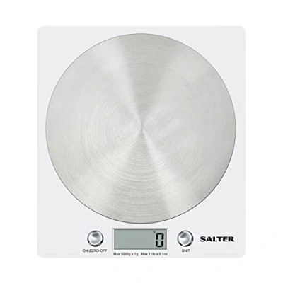 Image of Salter White Disc Digital Kitchen Scale Electronic Food Scale, Add &amp; Weigh Multiple Ingredients, 5kg Capacity, Aquatronic For Measuring Liquids, Easy Read LCD Display, Includes Battery