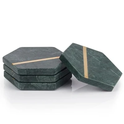 Image of EHC Marble Coasters Set of 4, Hexagon Set, Non Slip for Drinks, Coffee Pads Beer Bar Mat, Green