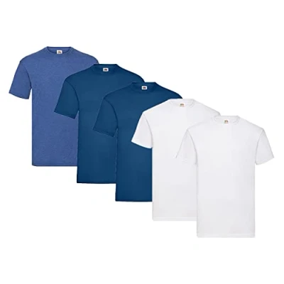 Image of Fruit of the Loom Pack 5 T Shirts, 2 x White + Navy 1 Retro Royal HL Kauf Notepad, Size S