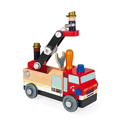 Image of Janod Brico&#039;Kids Wooden Fire Truck, Fsc Certified Construction Set with 2 Firemen 45 Pieces, Easy to Build Toy for Children from 3 Years Old, J06469, Wood