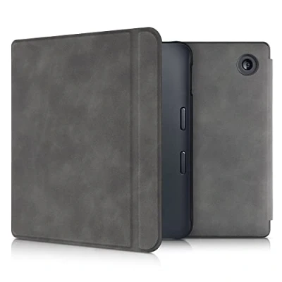 Image of kwmobile Case Compatible with Kobo Libra 2 PU Nubuck Leather Protective e Reader Flip Cover Dark Grey