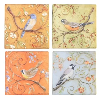 Image of Bafnsiji Drinks Coasters Set of 4, Ceramic Coasters, Bird Drink Square Tea Coffee Mug Mat, Non Slip Cork Base, Cup Mat Pad