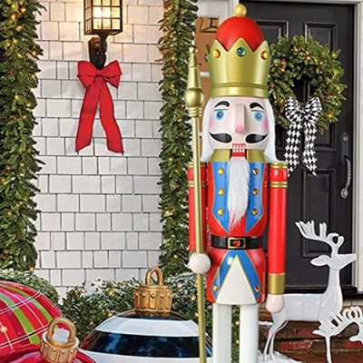 Image of CDL 120CM tall life size large/giant red Christmas wooden nutcracker king ornament on stand holds golden scepter for indoor outdoor Xmas/event/ceremonies/commercial decoration K20