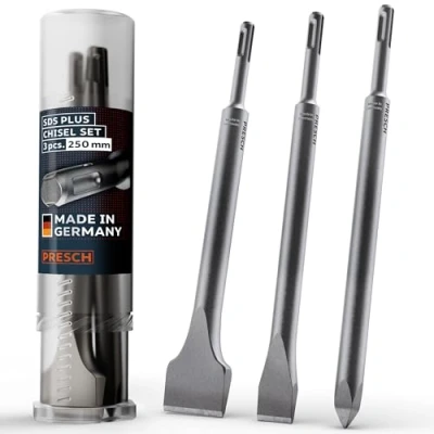 Image of Presch SDS Plus Chisel Set 3 Piece Complete of Flat Chisel, Wide &amp; Point Extremely Robust, Durable Tips Rotary Hammer chisels (250mm Length) for Powerful Strikes