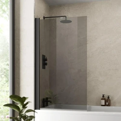 Image of LUXURA® Black Over Bath Shower Screen Door 6mm Clear Toughened Safety Easy Clean Glass Panel Bathroom Hinged Screens 1400 x 800mm 180 Pivot Reversible