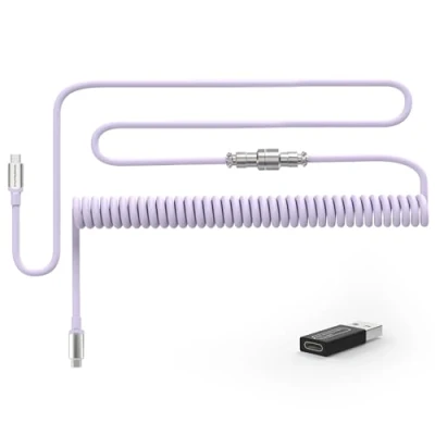 Image of MAMBASNAKE Coiled Usb C Cable for Mechanical Keyboard with To Adaptor, Type C, TPU Double Sleeved Spring Charging 5 Pin Metal Aviator Connector, 4.92ft Length Purple