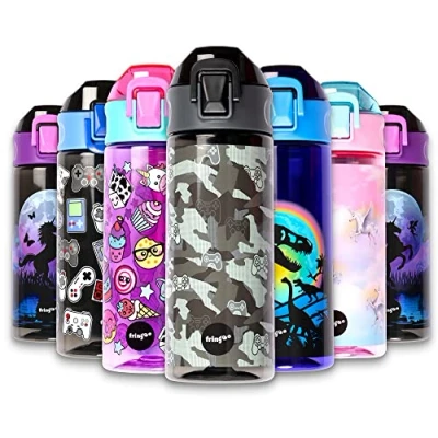 Image of Fringoo 600ml Game Pad Camo Kids Water Bottle BPA Free Black Flip Top Toddler Durability &amp; Fun Design