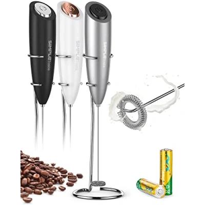 Image of SIMPLETASTE Electric Milk Stand, One Touch Hand Whisk Powered Nespresso and Cappuccino Coffee Frother, 2 AA Batteries (Included), stainless_steel