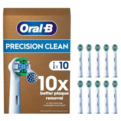 Image of Oral B Pro Precision Clean Electric Toothbrush Head, X Shape And Angled Bristles For Deeper Plaque Removal, Pack of 10 Heads, Suitable Mailbox, White