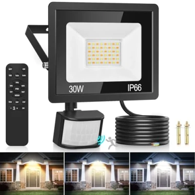 Image of Security Lights Outdoor Motion Sensor, 30W 3 Colours PIR Light with Remote Control, 2700LM IP66 Waterproof Outside Dimmable Floodlight Sensor for Backyard, Garden