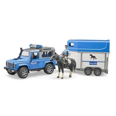 Image of Bruder Land Rover Defender Station Wagon Police with Horse Box, and Policeman