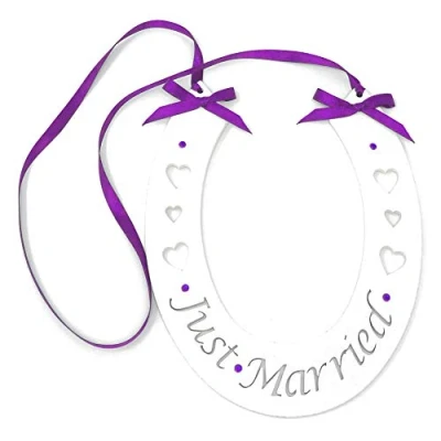 Image of Just Married White Wedding Handmade Lucky Horseshoe Hanging Wooden Accessory with Purple Decoration