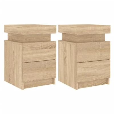 Image of vidaXL Bedside Cabinets Set of 2 with LED Lights, in Sonoma Oak, Modern Design, Engineered Wood Construction, Ample Storage Space, 35x39x55 cm
