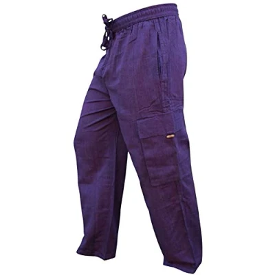 Image of SHOPOHOLIC FASHION Mens Elastic Waist Cargo Pants Plain Hippy Combat Trousers (Purple/S)