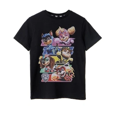 Image of Paw Patrol The Mighty Movie Boys T Shirt Black Short Sleeve Lightweight Kids Pups Graphic Tee Chase Marshall Rubble Skye Liberty Superpowers Top Superhero Merchandise Gift for Children