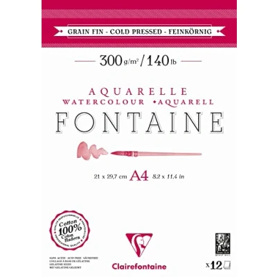 Image of Clairefontaine 975947C Pad Glued 2 Sides Fontaine 12 Sheets White Watercolor Paper 100% Cotton Fine Grain Professional Quality A4 21x29.7 cm 300g