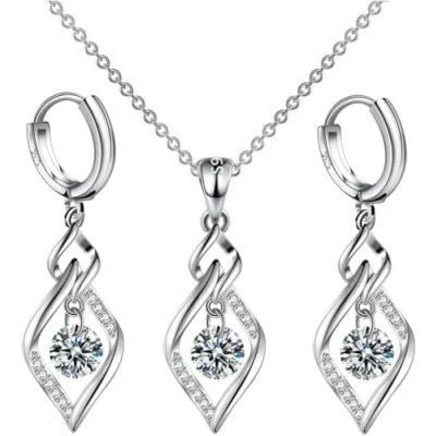 Image of FDEETY Jewelry Set Rhinestone Pendant Necklace Earrings Anniversary Valentines Gift for Women and Girls (White)