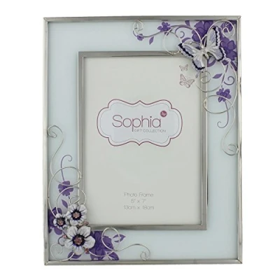 Image of Butterfly &amp; Flowers Cream Glass Photo Frame 5&quot;x7&quot; 561F57