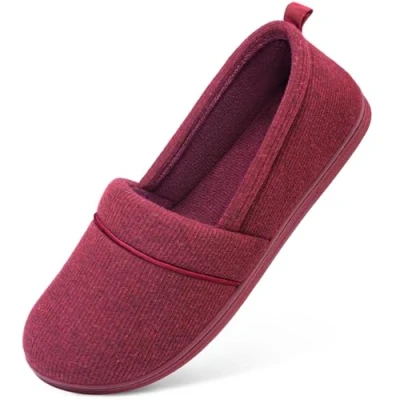 Image of EverFoams Ladies&#039; Memory Foam Comfort Cotton Knit House Shoes Light Weight Terry Cloth Loafer Slippers with Anti Skid Rubber Sole, Wine Red, 4 UK
